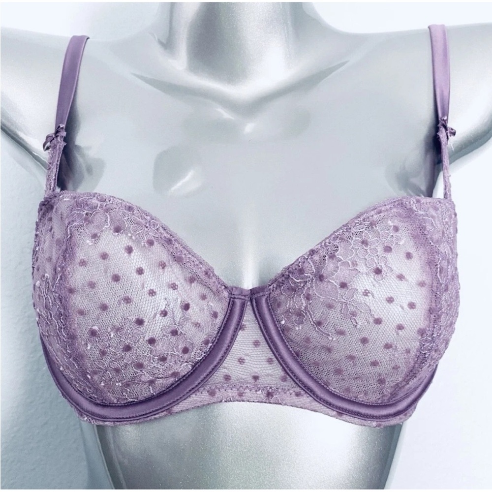 Victoria's Secret Dream Angels Purple Flocked Dot Unlined Balconette Bra 34DDD